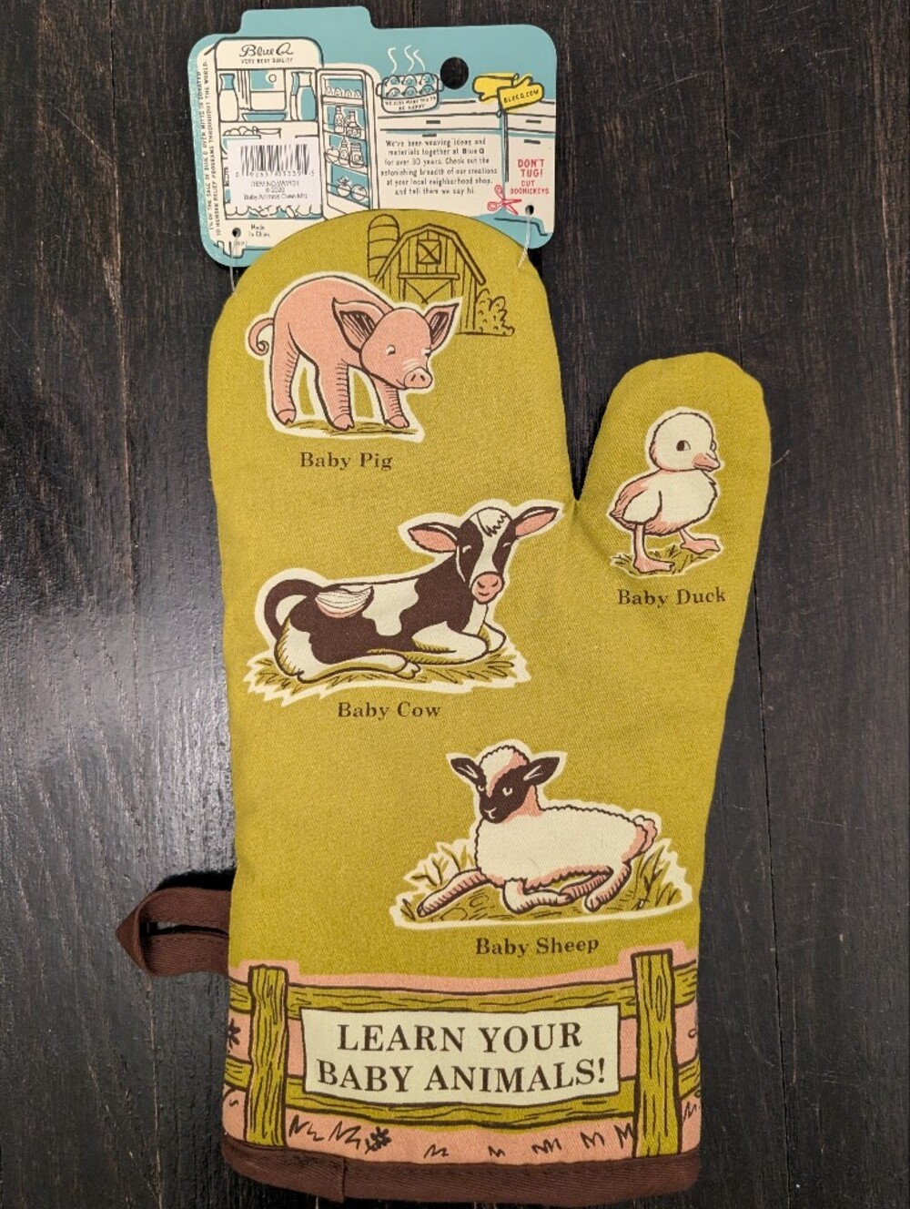Baby Animals Oven Mitt - Green Baby Pig, Cow, Duck & Sheep Design